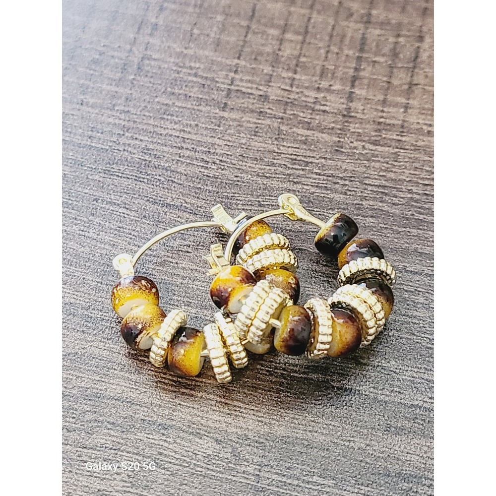 Gold Tone Beaded Hoop Earrings‎ Brown Amber Earth Tone Latch Back 1 Inch